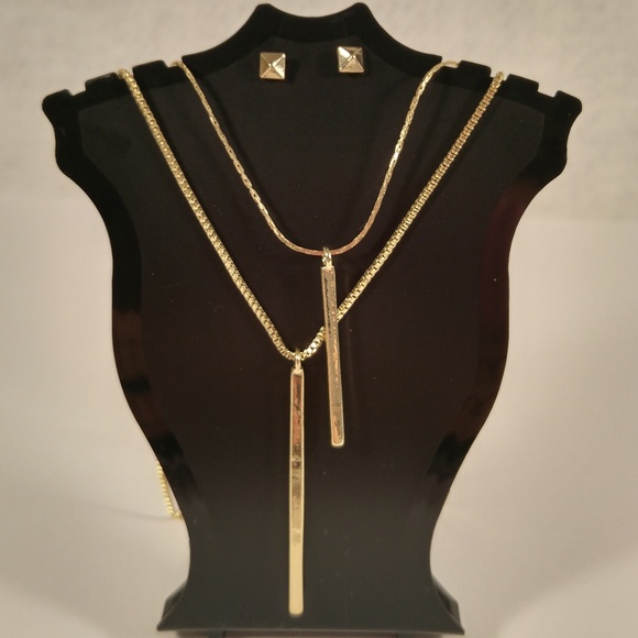Jewelry - Necklace earring set gold bar 2-row drop pyramid